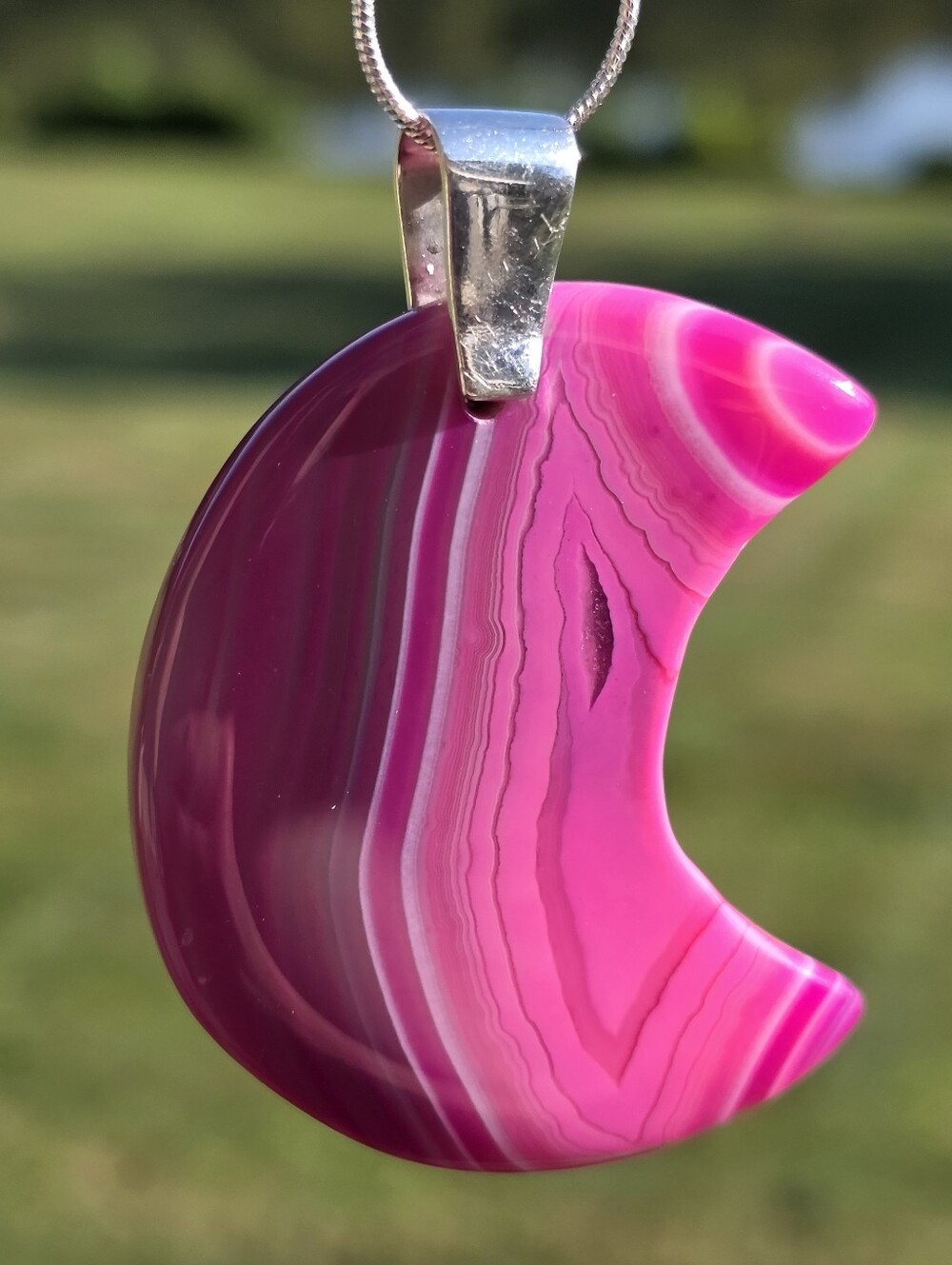 Pink Banded Agate Crescent Moon W Sterling Bale, Silver Chain, & Suede Rope